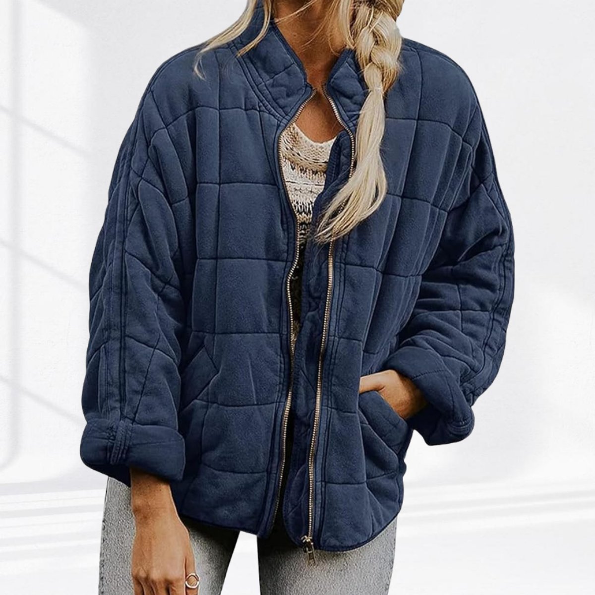 Damen leichte Steppjacke mit Stehkragen, Reißverschluss und Fronttaschen