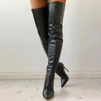 Damen oberschenkelhohe Stiletto-Stiefel mit schlankem Absatz und glatter Oberfläche
