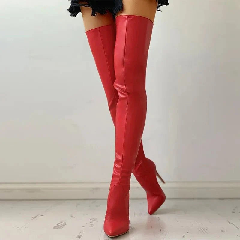 Damen oberschenkelhohe Stiletto-Stiefel mit schlankem Absatz und glatter Oberfläche