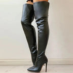 Damen oberschenkelhohe Stiletto-Stiefel mit schlankem Absatz und glatter Oberfläche