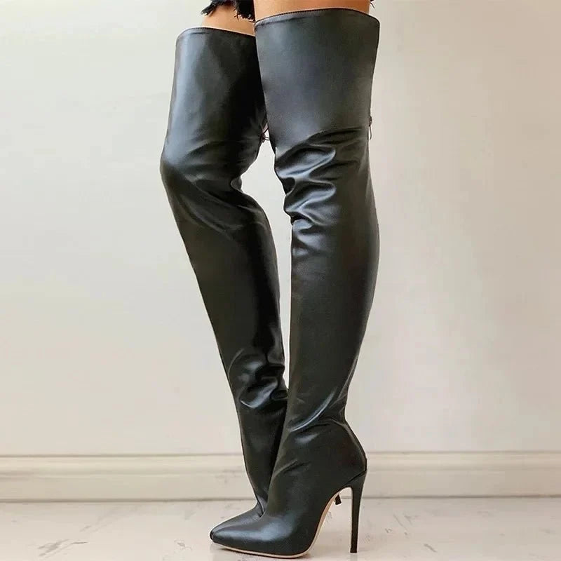 Damen oberschenkelhohe Stiletto-Stiefel mit schlankem Absatz und glatter Oberfläche