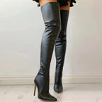 Damen oberschenkelhohe Stiletto-Stiefel mit schlankem Absatz und glatter Oberfläche