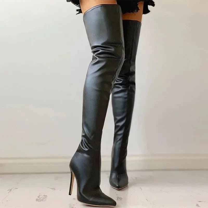 Damen oberschenkelhohe Stiletto-Stiefel mit schlankem Absatz und glatter Oberfläche