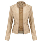 Damen taillierte Kunstleder-Bikerjacke mit Stehkragen und Reißverschlüssen