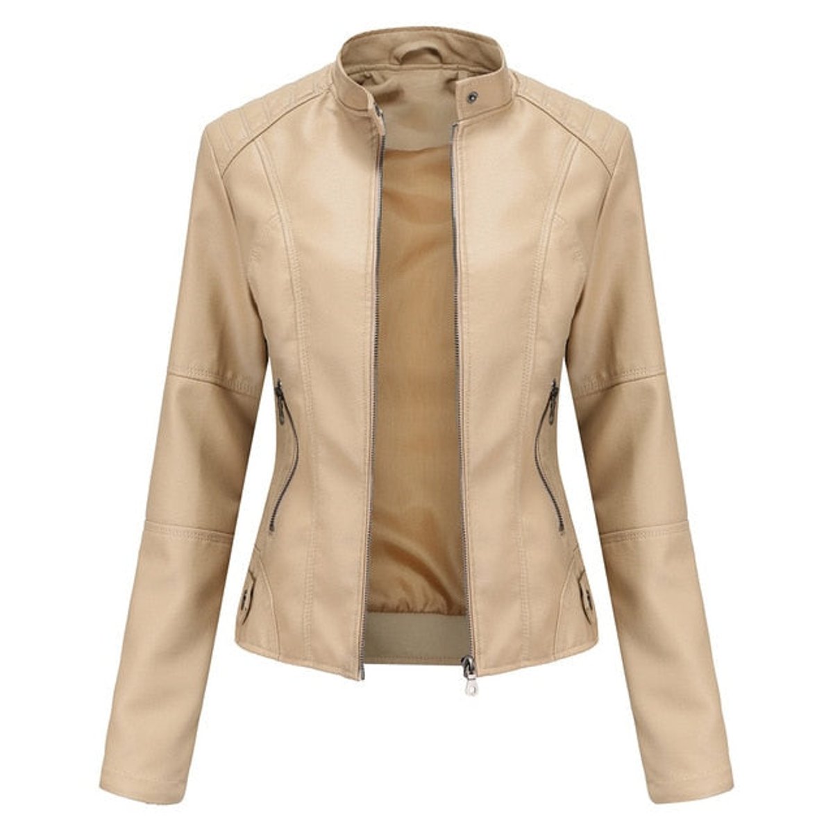 Damen taillierte Kunstleder-Bikerjacke mit Stehkragen und Reißverschlüssen