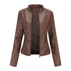 Damen taillierte Kunstleder-Bikerjacke mit Stehkragen und Reißverschlüssen