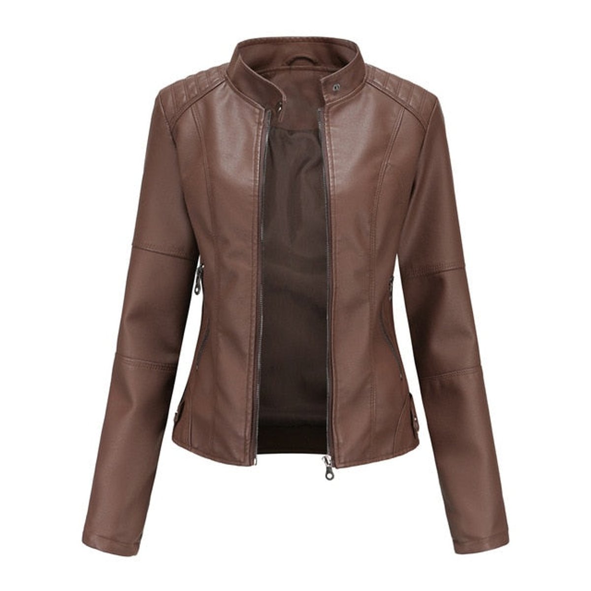 Damen taillierte Kunstleder-Bikerjacke mit Stehkragen und Reißverschlüssen