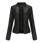 Damen taillierte Kunstleder-Bikerjacke mit Stehkragen und Reißverschlüssen
