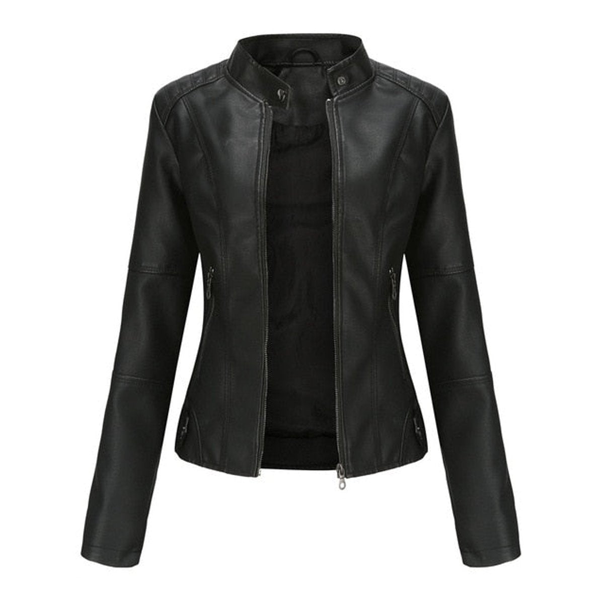 Damen taillierte Kunstleder-Bikerjacke mit Stehkragen und Reißverschlüssen