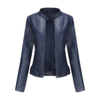Damen taillierte Kunstleder-Bikerjacke mit Stehkragen und Reißverschlüssen