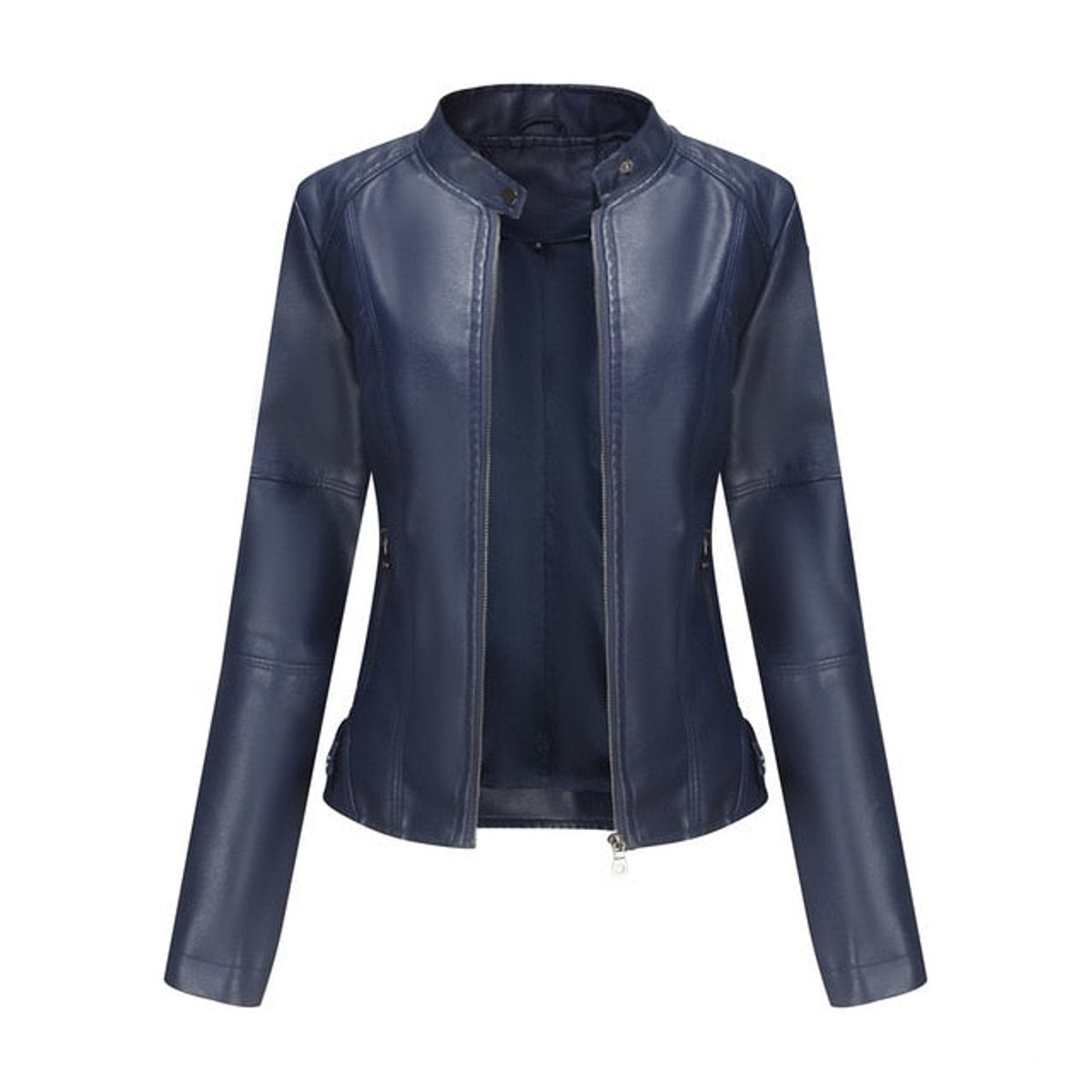 Damen taillierte Kunstleder-Bikerjacke mit Stehkragen und Reißverschlüssen
