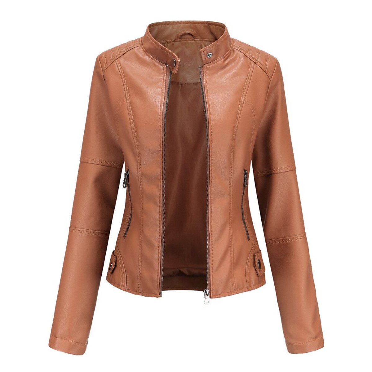 Damen taillierte Kunstleder-Bikerjacke mit Stehkragen und Reißverschlüssen