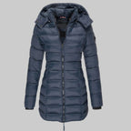 Damen taillierte Steppjacke mit Kapuze, warmer Isolierung und Reißverschluss