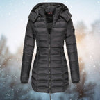 Damen taillierte Steppjacke mit Kapuze, warmer Isolierung und Reißverschluss