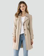 Damen taillierter klassischer Trenchcoat mit Reverskragen, Knopfleiste und Seitentaschen