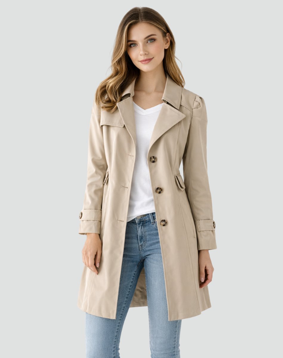 Damen taillierter klassischer Trenchcoat mit Reverskragen, Knopfleiste und Seitentaschen