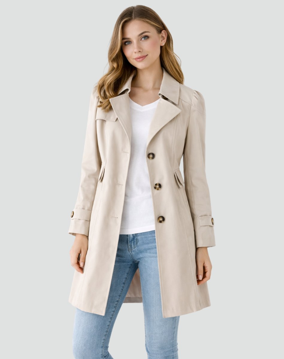 Damen taillierter klassischer Trenchcoat mit Reverskragen, Knopfleiste und Seitentaschen