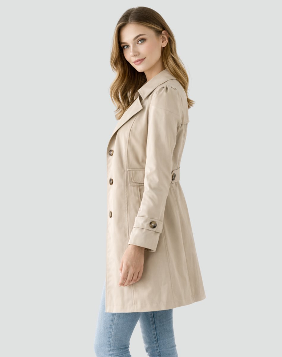 Damen taillierter klassischer Trenchcoat mit Reverskragen, Knopfleiste und Seitentaschen