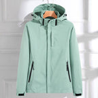 Damen wasserdichte Regenjacke mit abnehmbarer Kapuze und verstellbarer Passform