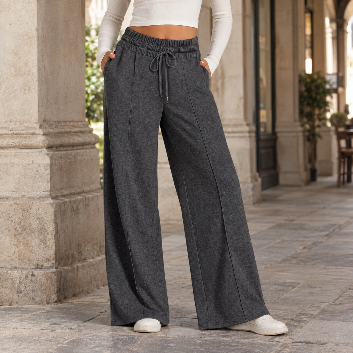 Damen Weite Hose aus Baumwollmischung mit Kordelzug – Wide Leg Hose mit Seitentaschen