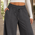 Damen Weite Hose aus Baumwollmischung mit Kordelzug – Wide Leg Hose mit Seitentaschen