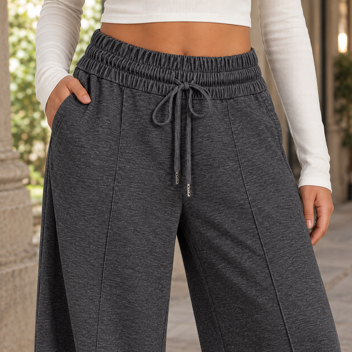 Damen Weite Hose aus Baumwollmischung mit Kordelzug – Wide Leg Hose mit Seitentaschen