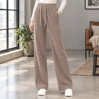 Damen Weite Hose mit Kordelzug und Rippstruktur – Wide Leg Hose, Bodenlang