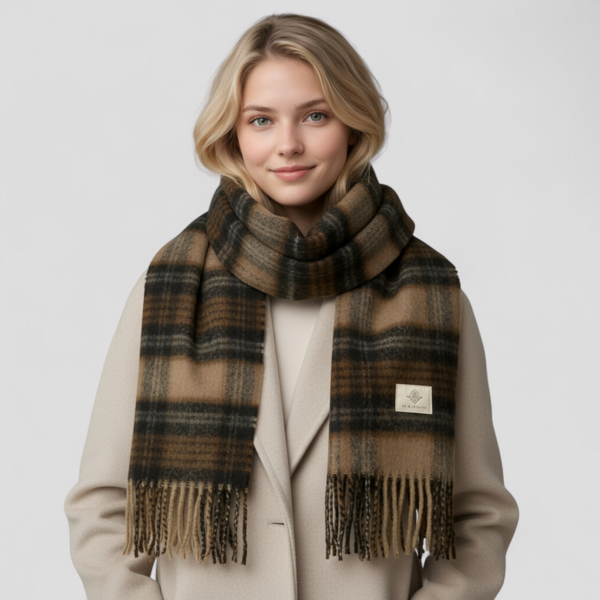 Damen Karierter Schal mit Mohair und Fransen – Großer Karoschal und Umschlagtuch, Herbst Winter