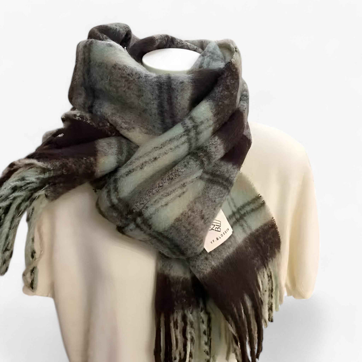 Damen Karierter Schal mit Mohair und Fransen – Großer Karoschal und Umschlagtuch, Herbst Winter