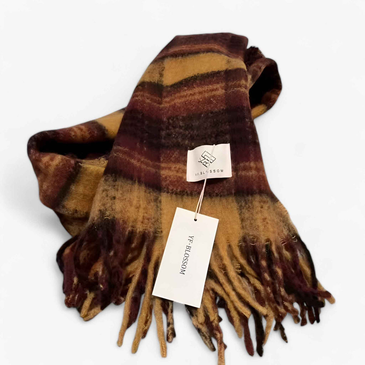 Damen Karierter Schal mit Mohair und Fransen – Großer Karoschal und Umschlagtuch, Herbst Winter