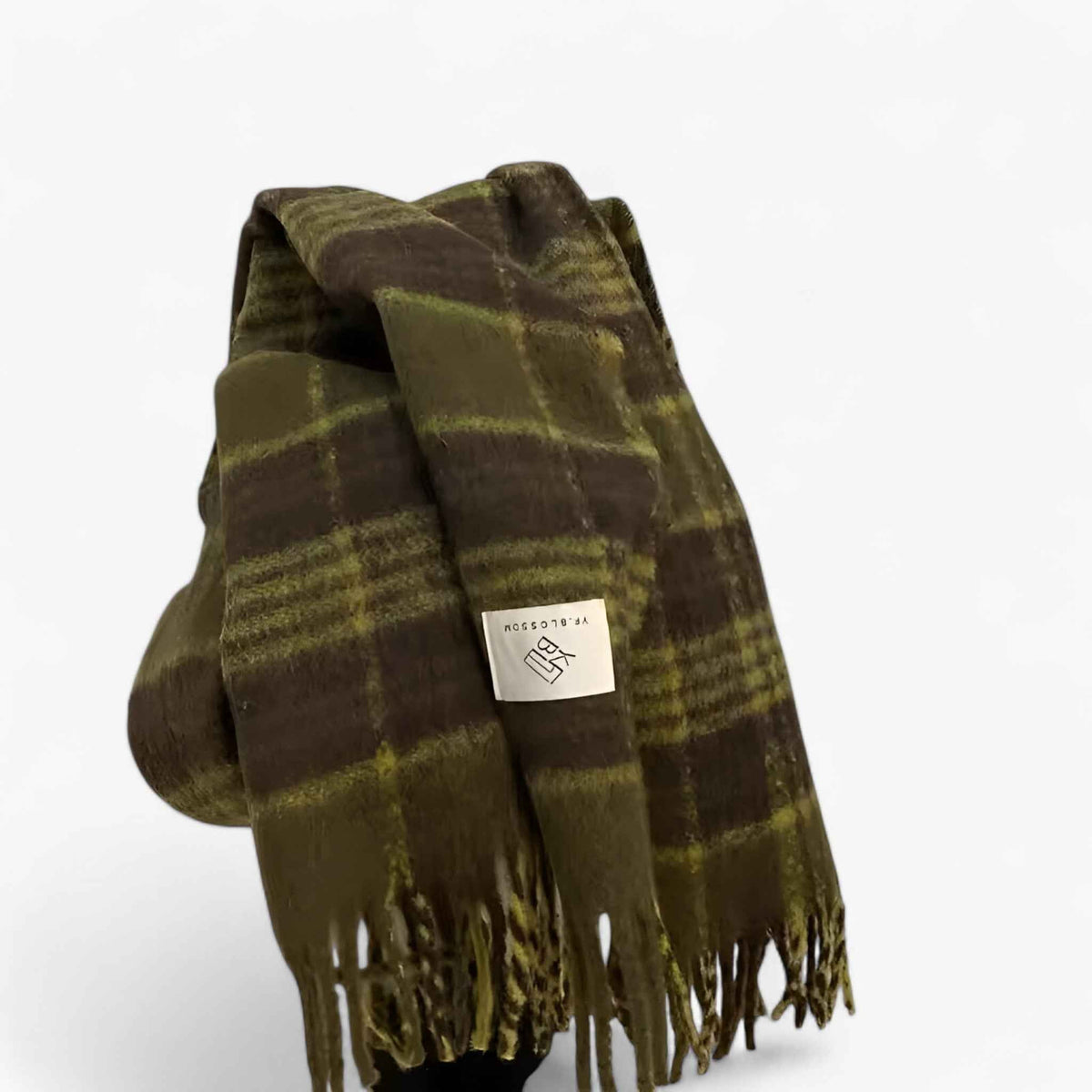 Damen Karierter Schal mit Mohair und Fransen – Großer Karoschal und Umschlagtuch, Herbst Winter
