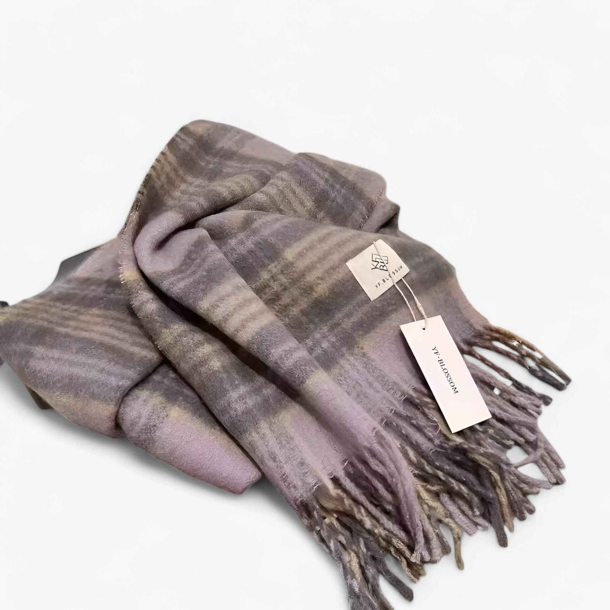 Damen Karierter Schal mit Mohair und Fransen – Großer Karoschal und Umschlagtuch, Herbst Winter