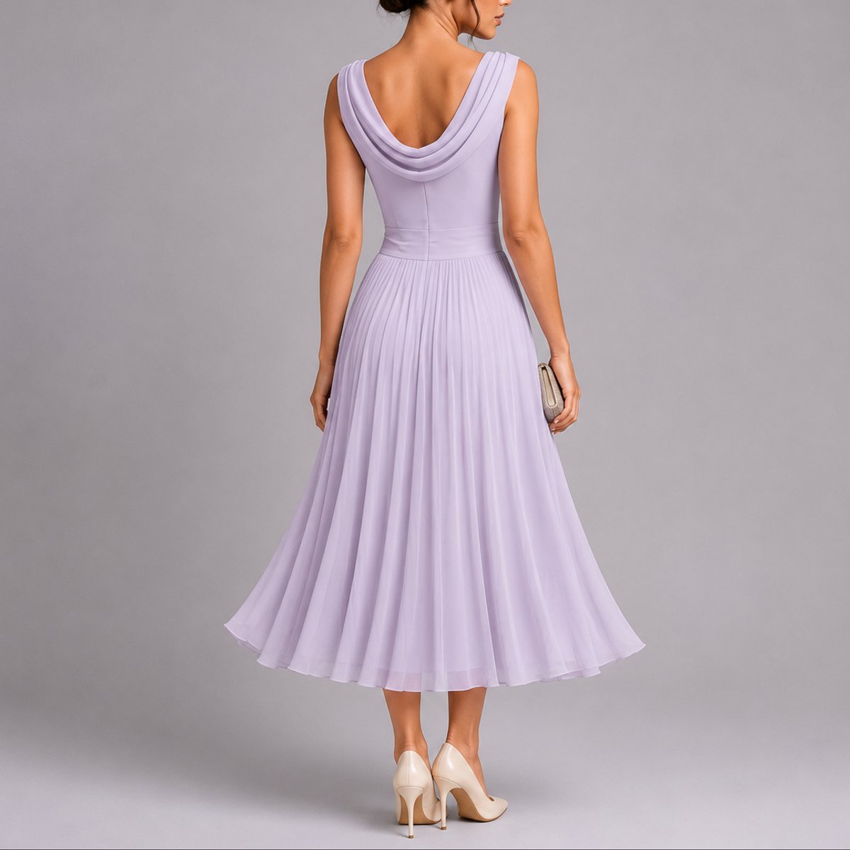 Elegantes Plissee-Midi-Hochzeitskleid für Hochzeitsgäste im Herbst