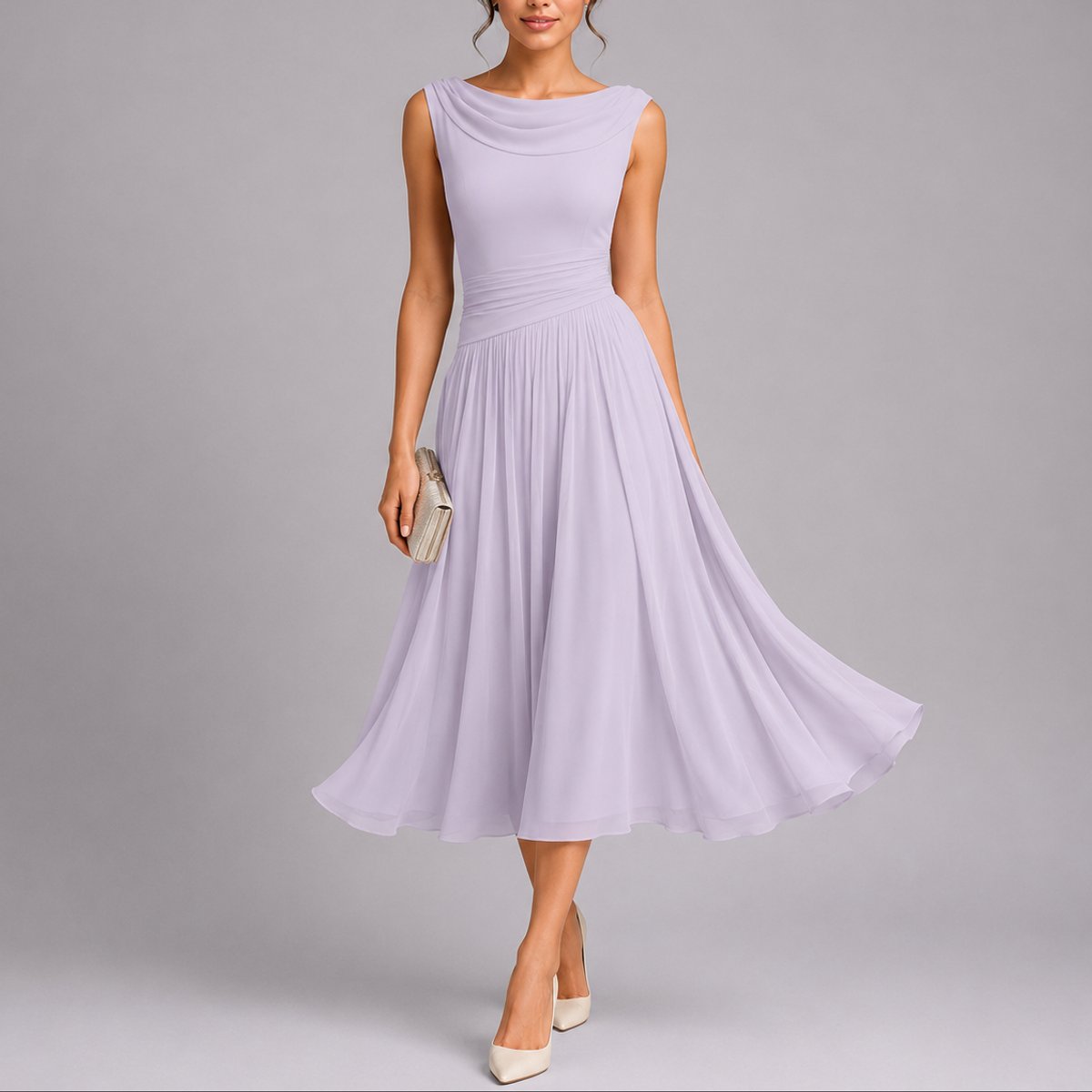 Elegantes Plissee-Midi-Hochzeitskleid für Hochzeitsgäste im Herbst