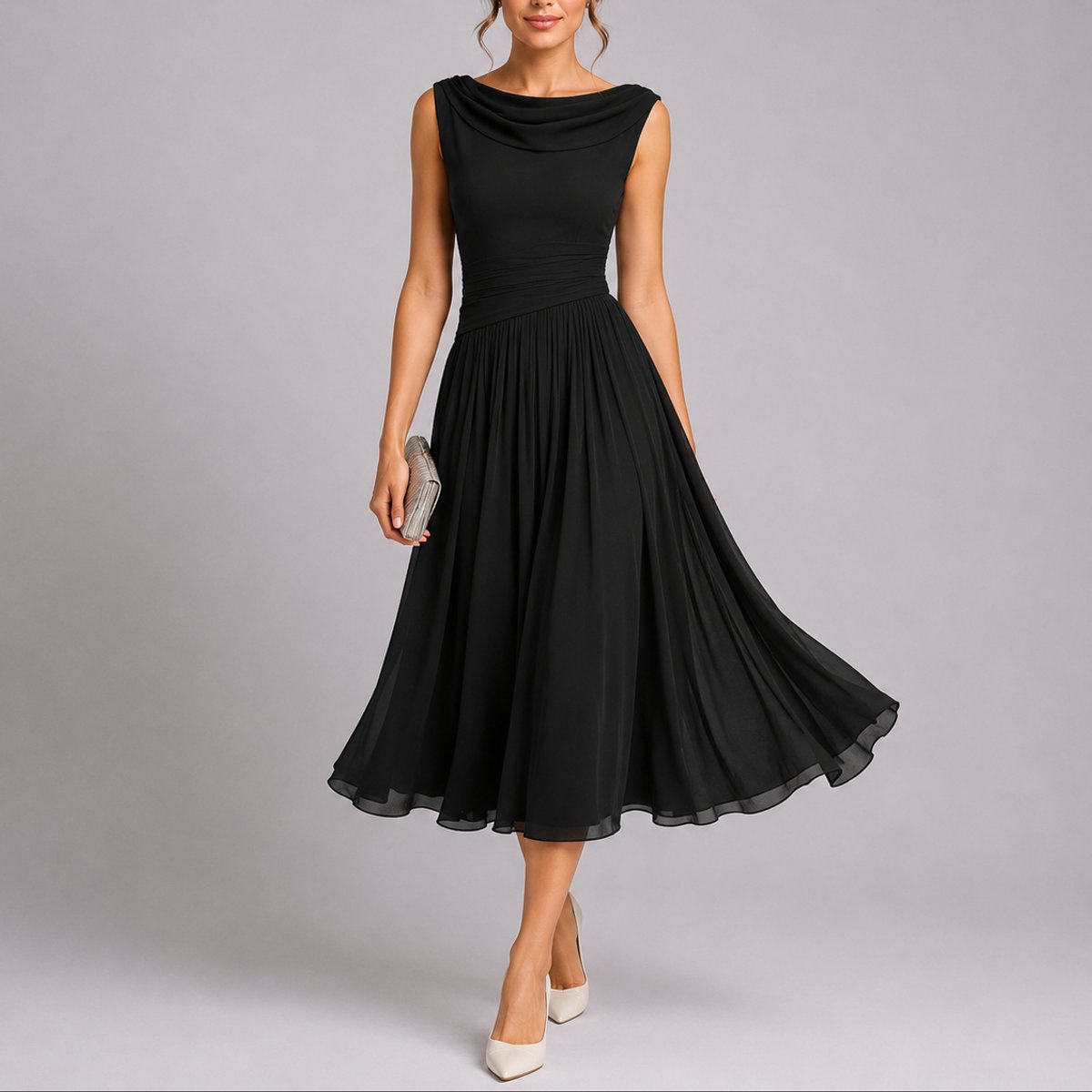 Elegantes Plissee-Midi-Hochzeitskleid für Hochzeitsgäste im Herbst