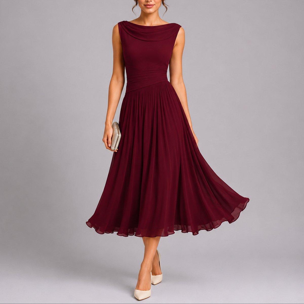 Elegantes Plissee-Midi-Hochzeitskleid für Hochzeitsgäste im Herbst