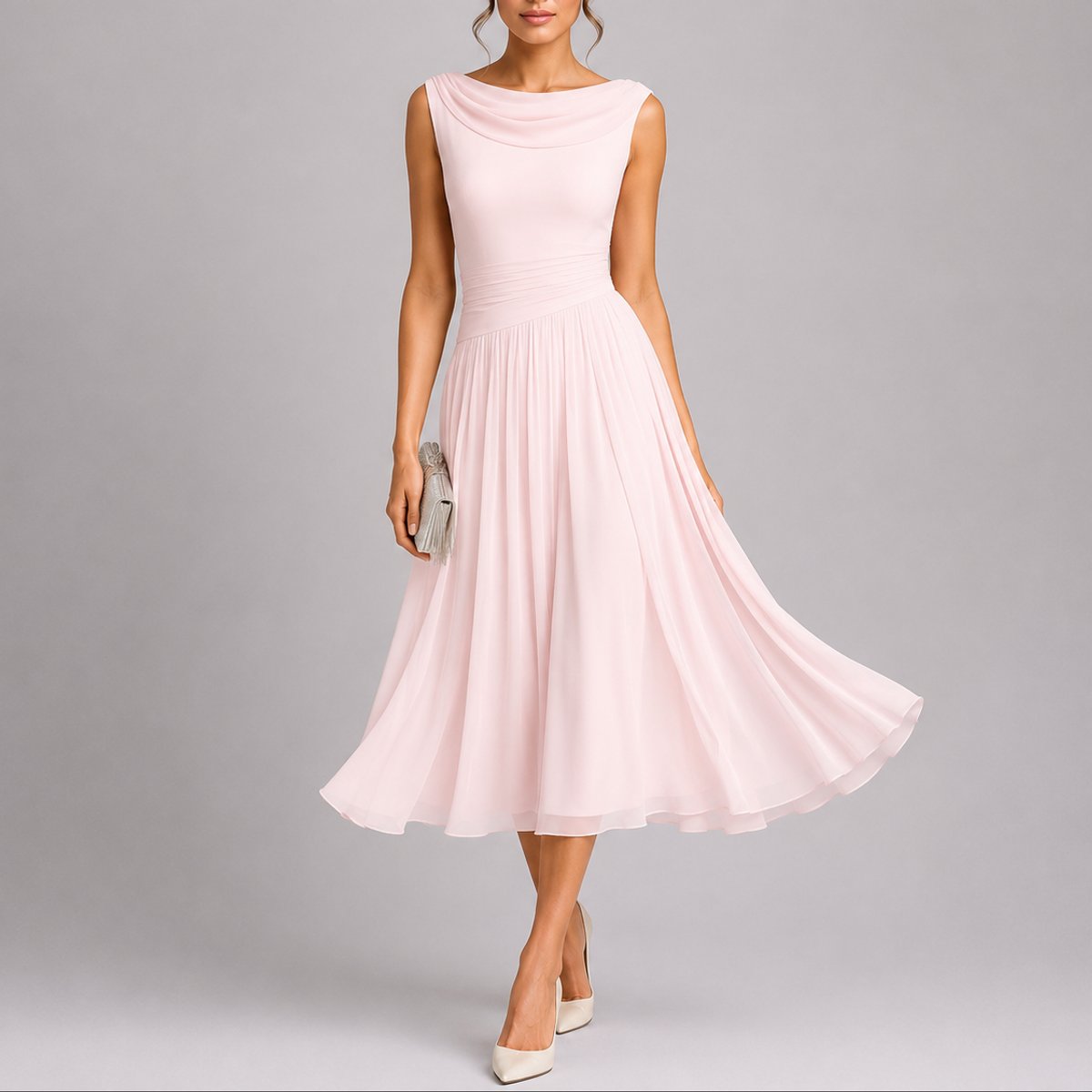 Elegantes Plissee-Midi-Hochzeitskleid für Hochzeitsgäste im Herbst