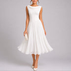 Elegantes Plissee-Midi-Hochzeitskleid für Hochzeitsgäste im Herbst