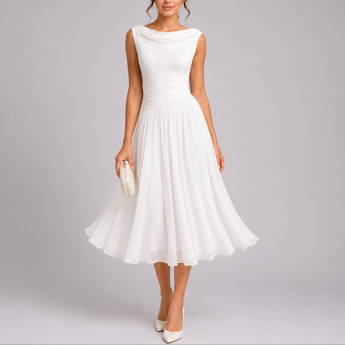 Elegantes Plissee-Midi-Hochzeitskleid für Hochzeitsgäste im Herbst