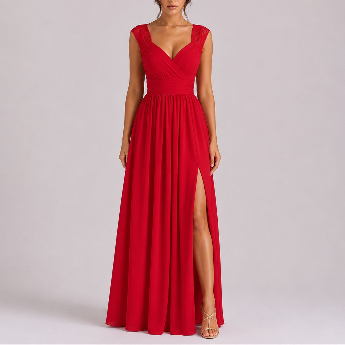 Elegantes Spitzen-Maxi-Hochzeitskleid für Hochzeitsgäste im Herbst