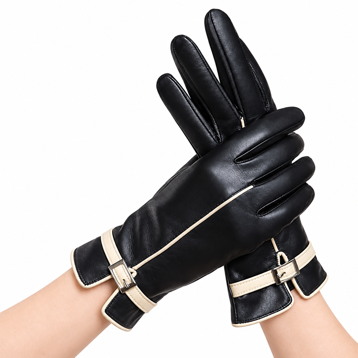 Damen Lederhandschuhe mit Schnallenriemen – Gefütterte Winterhandschuhe, Herbst Winter