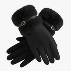 Damen Handschuhe in Wildlederoptik mit Fellbündchen und Schnalle – Gefütterte Winterhandschuhe, Herbst Winter