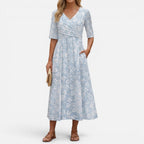 Midikleid Wickeloptik Blumenmuster V Ausschnitt Dreiviertelarm