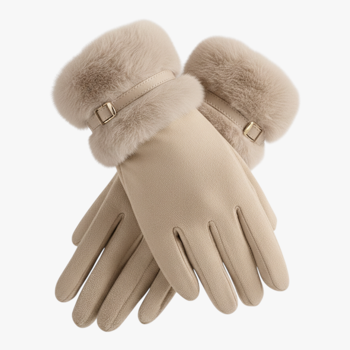Damen Handschuhe in Wildlederoptik mit Fellbündchen und Schnalle – Gefütterte Winterhandschuhe, Herbst Winter