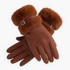 Damen Handschuhe in Wildlederoptik mit Fellbündchen und Schnalle – Gefütterte Winterhandschuhe, Herbst Winter