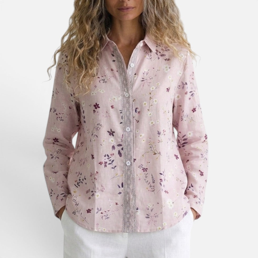 Damebluse med V-udskæring og blomstermønster