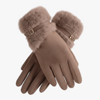 Damen Handschuhe in Wildlederoptik mit Fellbündchen und Schnalle – Gefütterte Winterhandschuhe, Herbst Winter