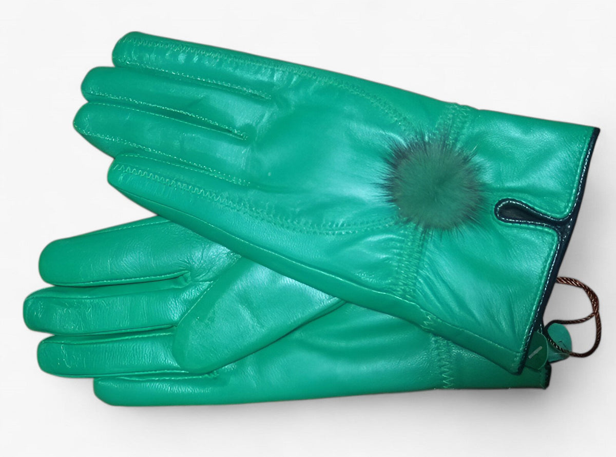Damen Lederhandschuhe mit Fellbommel – Gefütterte Winterhandschuhe, Herbst Winter