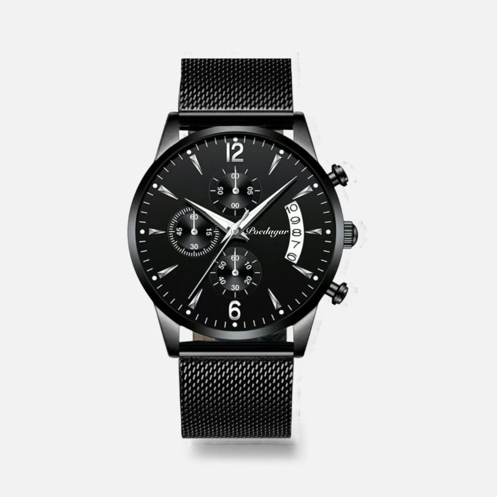 Men's stainless steel wristwatch with quartz movement and date display