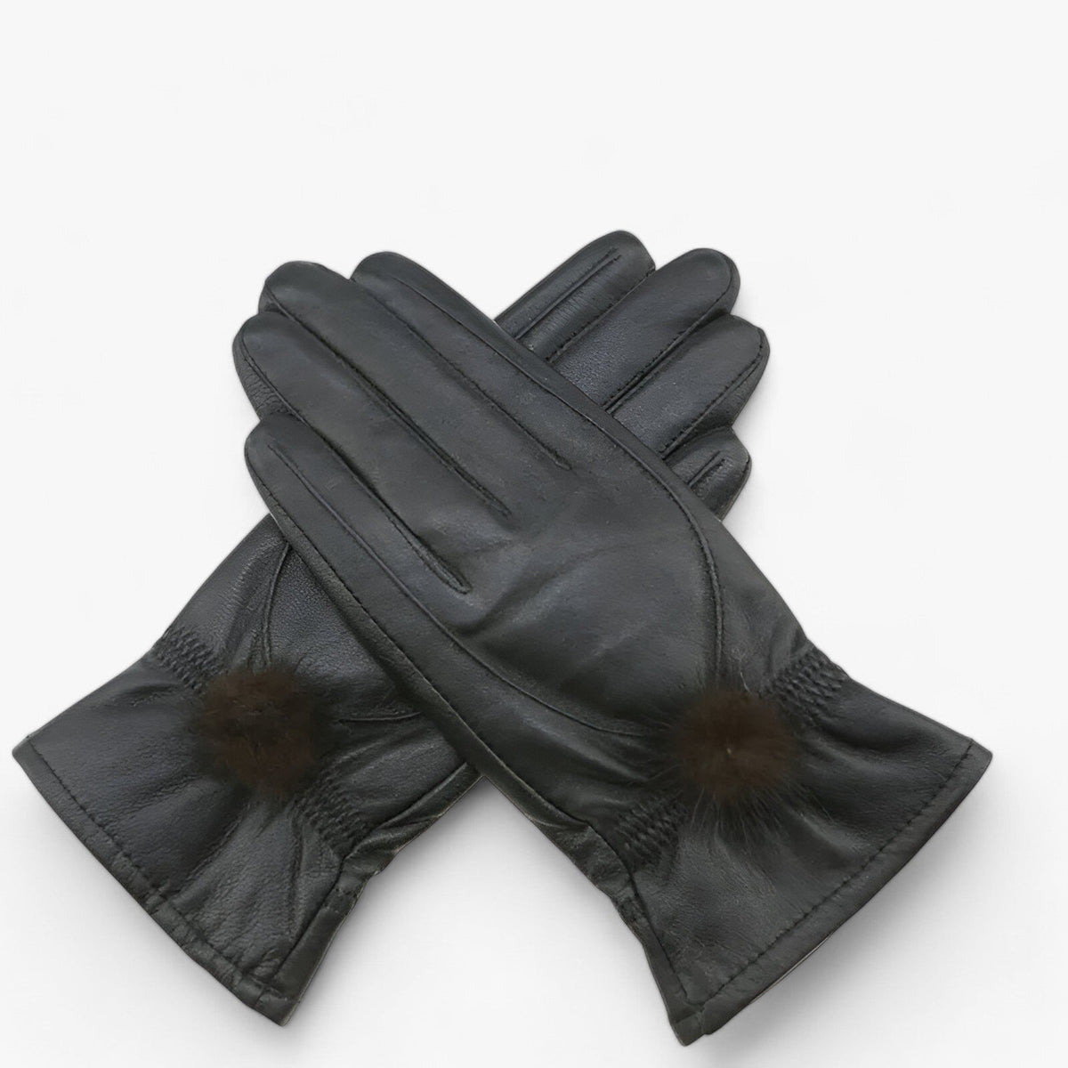 Damen Lederhandschuhe mit Fellbommel – Gefütterte Winterhandschuhe, Herbst Winter
